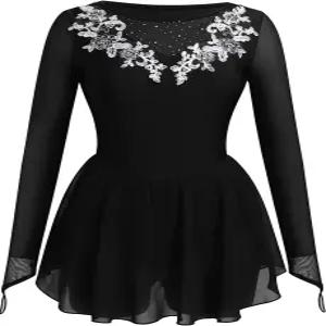 ODASOD 여성 피겨 스케이팅 드레스 라인스톤 자수 메시 롱 슬리브 레오타드 체조 경기 연습용