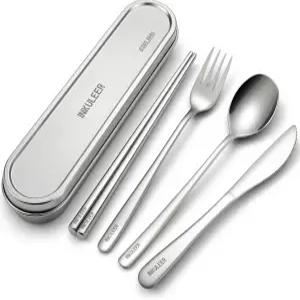 잉쿨리어 여행용 식기 세트 18/8 스테인리스 스틸 재사용 가능한 금속 케이스 캠핑 사무실 및 야외 식사를