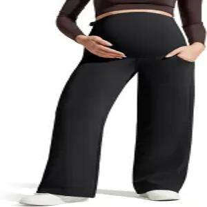 배 위에 주머니가 있는 G4프리 스무트 모달 소프트 임부 팬츠 임신 와이드 레그 스웨트