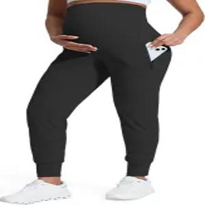 요가 및 액티브웨어를 위한 배 위에 주머니가 달린 마마 랜드 임산부 조거 팬츠 버터리 소프트 임신 바지