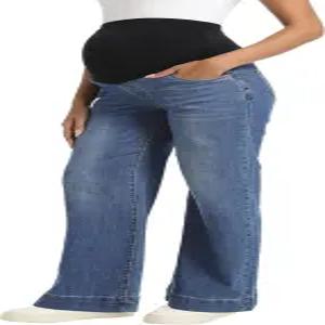 푸코메 여성 임산부 청바지 와이드 레그 트렌디 편안한 신축성 스트레이트 임신 데님 팬츠