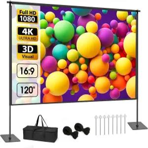 스탠드가 있는 야외 프로젝터 화면 120인치 휴대용 프로젝션 키트 16 9 4K HD 주름 없는 실내 영화 홈