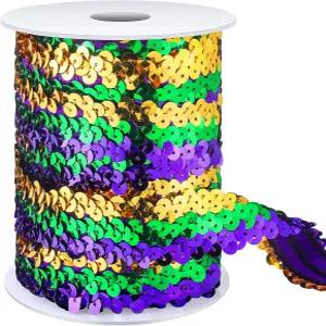 웨이브웨이브 12야드 1인치 마디그라 세퀸 트림 3열 보라색 녹색 골드 스트레치 패브릭 리본 프린지 의류