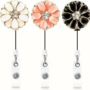 카멜리아가 있는 퀸수에 3팩 ID 배지 홀더 블링 라인스톤 RN 릴 리트랙터블 여성 간호사 악어 클립