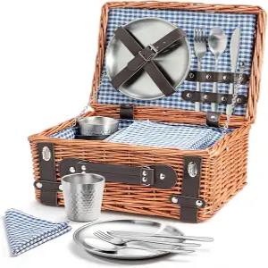 2인용 프리미엄 위커 피크닉 바구니 세트 방수 담요 및 식기 포함 천연 버드나무 캠핑 가방 커플 결혼
