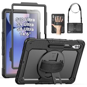 삼성 갤럭시 탭 S10 울트라 2024 / S9 S8 케이스 14.6인치 화면 보호대가 있는 튼튼한 충격 방지 보호 스탠드 손/어깨 스트랩 펜 홀더 블랙