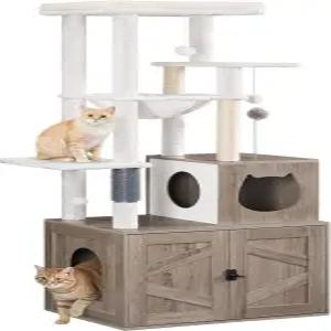 쓰레기통 인클로저가 있는 후브로 고양이 나무 실내 위한 높은 캣 타워 올인원 모던 콘도 가구 하우스 시살