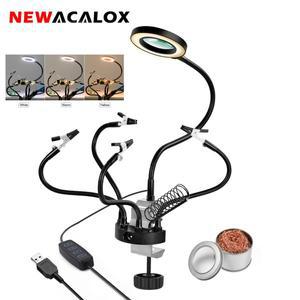 NEWACALOX 납땜 서드 툴 바이스 클램프 PCB 거치대 3X LED 돋보기 팁 청소 볼, 용접 수리용