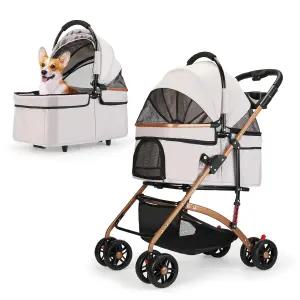 중형견 및 고양이용 3-in-1 접이식 반려동물 유모차 50파운드 - 탈착식 캐리어 카시트 보관 바구니 5인치