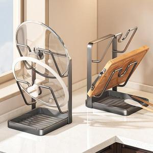 주방 냄비 뚜껑 거치대 무타공 정리대 공간 절약형 배수 트레이 포함 청소 용이