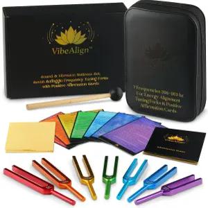 바이브얼라인 튜닝 포크 세트 - 긍정적인 확인 카드를 사용한 사운드 힐링 진동 및 주파수 웰니스 보호