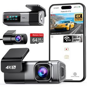 64GB 카드가 장착된 네이비크레스트 4K 대시캠 앞뒤 내장 5G WiFi 차량용 4K 전면 1080P 후면용 대시 카메라 차량 루프 녹화용 대시캠 중력 센서 24시간 주차 모드