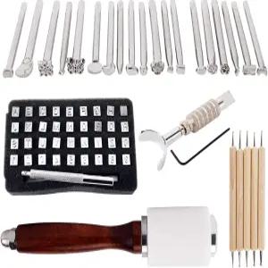 KLLsmDesign 65개 가죽 조각 스탬프 도구 키트 포함 패턴 알파벳 디지털 펀치 세트 도팅 회전 나이프 안장