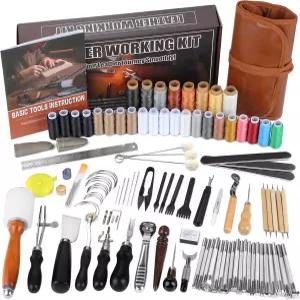 부투즈 가죽 키트 초보자용 툴링 스탬핑 도구가 있는 공예 베벨러 그루버 스티칭 펀치 재봉 실과 바늘 -
