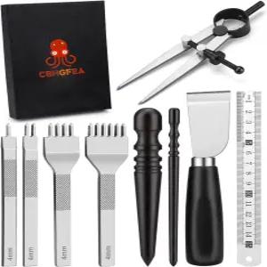 CBHGFEA 가죽 작업 도구 키트에는 DIY 공예 프로젝트를 위한 커팅 나이프 엣지 버너 1/2/4/6 스티칭 펀치