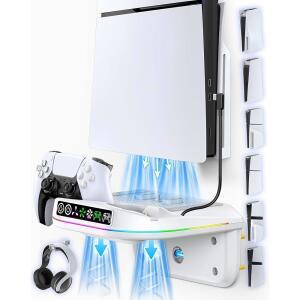 PS5 / 슬림 프로 디스크 디지털과 호환되는 냉각 팬 충전 스테이션이 있는 월 마운트 키트 9 개의 RGB 조명이 PS 5 플로팅 선반 TV 뒤에 게임용 액세서리