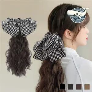 체크 패턴 분리형 머리핀 긴 웨이브 스타일링 부분가발 가발머리핀 가발헤이핀