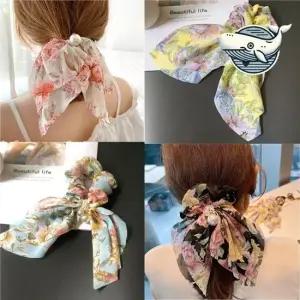 봄꽃 진주 포인트 스카프 헤어 김밥 스크런치 쉬폰머리끈 헤어끈 고무줄 여신헤어