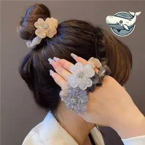 큐빅 플라워 헤어 악세서리 우아한 머리끈 여성 머리끈세트 곱창밴드 쉬폰곱창끈