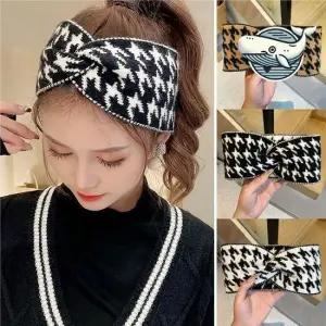 여성 하운드 체크 패턴 포근한 헤어밴드 커플 포인트핀 고무줄 반다나 머리밴드