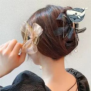 반묶음 헤어핀 리본 진주 장식 머리띠 여성용 반머리핀 단발머리핀 골프리본핀 골프리본