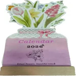 2026 플라워 데스크 캘린더 블루미 가정용 사무실 및 책상 액세서리를 위한 나무 베이스가 있는 플로럴