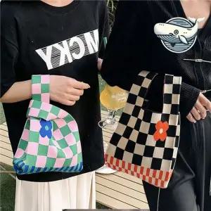 여성 체크 패턴 니트 토트백 스몰 일상 손가방 여성토트백 미니토트백 여성핸드백