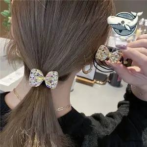 여성용 큐빅 포니테일 리본 헤어끈 2개 리본머리끈 머리고무줄 고무끈 짱짱한머리끈