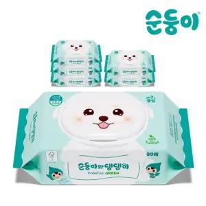 순둥이 댕댕이 프리미엄 그린 강아지 생분해 물티슈 캡형 80매 6팩
