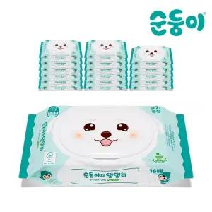 순둥이 댕댕이 프리미엄 그린 강아지 생분해 물티슈 휴대용 캡형 16매 18팩