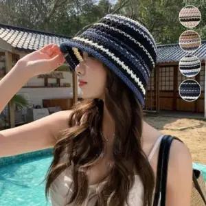 여성 버킷햇 스트라이프 배색 펀칭 여름 비치모자