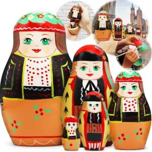 AEVVV 폴란드 네스팅 인형 세트 - 크라쿠프 장식이 있는 민속 의상의 손으로 그린 나무 마트료쉬카 5개