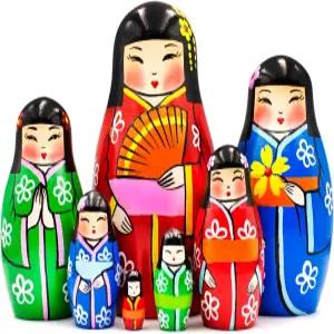 AEVVV 일본 네스팅 인형 7종 세트 - 기모노의 마트료시카 나무 코케시 게이샤 다루마 장식 러시아
