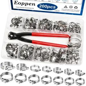 Eoppen 200Pcs 19 사이즈 304 스테인리스 스틸 싱글 이어 호스 클램프 핀서 5.3-33.1mm 및 조절 가능한