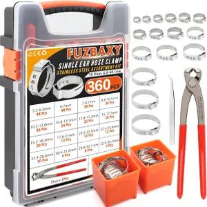 360Pcs 304 스테인리스 스틸 싱글 이어 PEX 호스 클램프 키트 크림프 링용 16 사이즈 5.3-36.1mm 크림핑