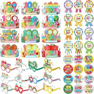 타투오 144개 학교 100일 기념 안경 종이 왕관 모자 스티커 키트 행복한 기념품 유치원 보상 파티용 컬러풀