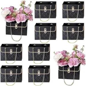 8PCS 플라워 페이퍼 선물 가방 금속 체인이 있는 꽃다발 보관 버킷 플로리스트 핸드백 결혼식 파티