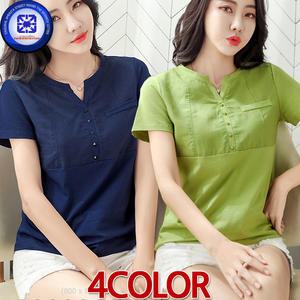 여성 여름 BXMY 린넨 V넥 스터드 사각콘 버튼 반팔티셔츠 4칼라