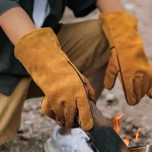 1쌍 소가죽 방열 장갑 캠핑 바베큐 방염 단열 화목 작 (WFHEOZN)