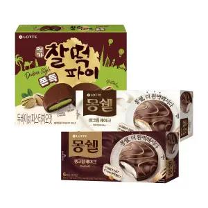 [롯데백화점]롯데웰푸드 두쫀쿠 찰떡파이 피스타치오맛 x1+몽쉘 오리지널 6입 x1+몽쉘 카카오 6입x1