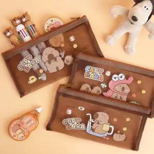 카피바라 필통 파우치 케이스 펜 펜슬 망사 말사 갈색