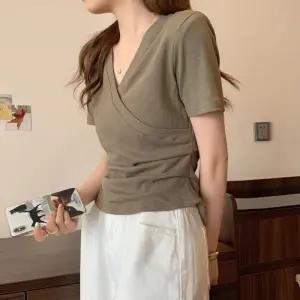 여자 무지 티셔츠 셔링 브이넥 면 모달 기본 반팔티