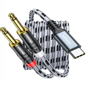 USB C to 1/4 오디오 케이블 2미터 - Type 듀얼 6.35mm TS 모노 Y 분배 코드 내장 DAC/Hi-Fi 사운드