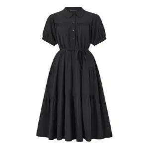 에브리데이]반 버튼 카라넥 셔링 플레어 롱 원피스 EC2OW009D)