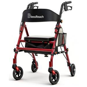 블레스리치 경량 접이식 롤레이터 워커, 시니어용 시트, 350파운드 용량, 5자세 조절 가능 높이, 프리미엄 하이브리드 롤링 워커 - 알루미늄 및 카본 스틸(빨간색)