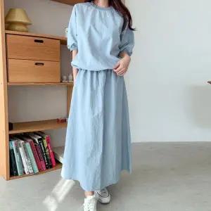 [하프클럽/]바스락 나일론 반팔 티셔츠 롱 스커트 세트 여름 밴딩 투피스 R42