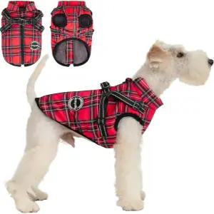 하네스가 내장된 미독 개 코트 패딩 플리스가 있는 겨울 재킷 소형견용 반사 방수 레드 M