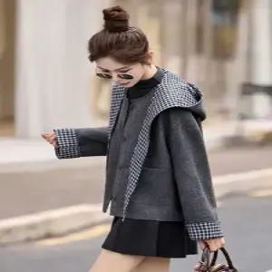 무천도사 모직 여친 여사친 가을 체크 잠바 집업야구항공 코트 후드 KKE3