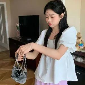 여성 패턴 퍼프 소매 스퀘어넥 반팔 러블리 블라우스