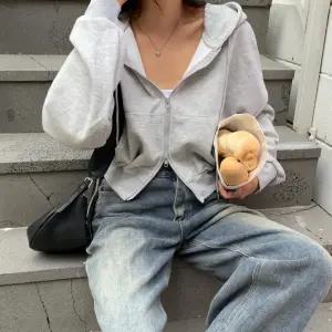 여자 베이직 무지 크롭 아방 후드집업